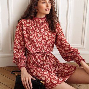 New Frenchy Paisley Print Shirred Cuff Belted Dress